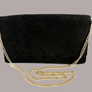 ALDO Faux Suede Scallop Flap Reticulated Tear Drop Clutch Handbag Purse 12" x 7"